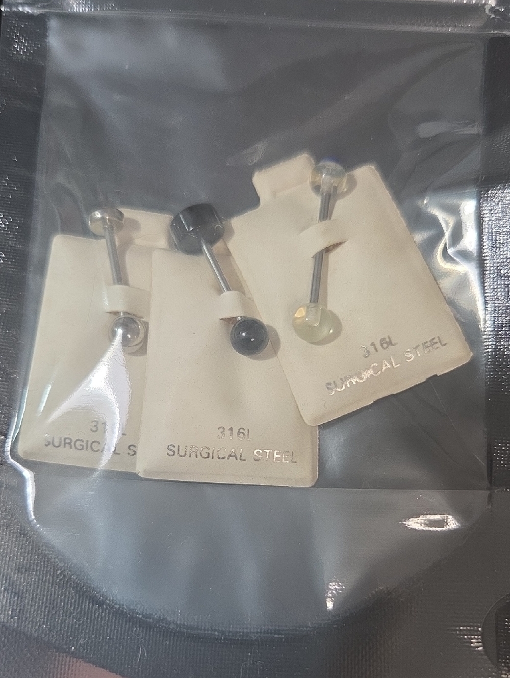 Surgical Steel Barbell Set with Black, Gray, and Pale Yellow/Opal Ends